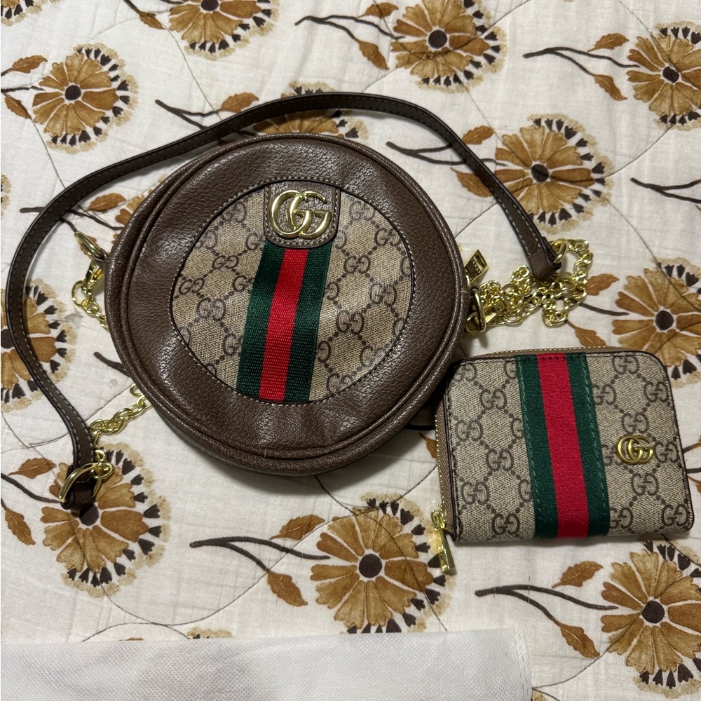 Brown and Beige Crossbody Bag and Wallet Set